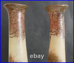 Paire de grand vase émaillé Legras art nouveau à décor paysage lacustre H 40 cm