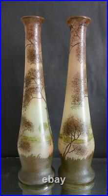 Paire de grand vase émaillé Legras art nouveau à décor paysage lacustre H 40 cm