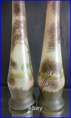 Paire de grand vase émaillé Legras art nouveau à décor paysage lacustre H 40 cm