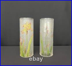 Paire de vases Baccarat en verre givré, décor d'iris émaillés