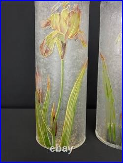 Paire de vases Baccarat en verre givré, décor d'iris émaillés