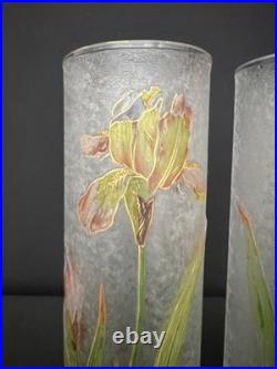 Paire de vases Baccarat en verre givré, décor d'iris émaillés