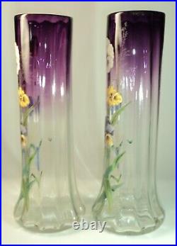 Paire de vases Legras Lamartine à décor de pensées en verre émaillé H 35,5 cm