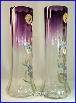 Paire de vases Legras Lamartine à décor de pensées en verre émaillé H 35,5 cm