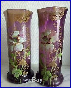 Paire de vases émaillés Legras vers 1900 décor fleurs pavots 21340