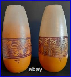 Paire de vases en verre émaillés Legras vers 1920 signés Leg