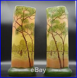 Paire de vases legras vers 1900 paysage lacustre voiliers 27 cm Toul -TBE
