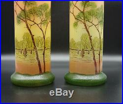 Paire de vases legras vers 1900 paysage lacustre voiliers 27 cm Toul -TBE