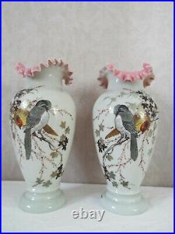 Paire de vases opaline émaillée peint ancien Enamel Glass Oiseaux Napoléon III
