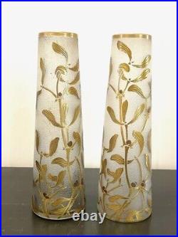 Paire de vases soliflores feuilles de gui doré LEGRAS, ART NOUVEAU