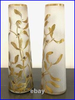 Paire de vases soliflores feuilles de gui doré LEGRAS, ART NOUVEAU