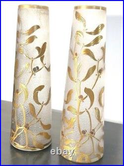 Paire de vases soliflores feuilles de gui doré LEGRAS, ART NOUVEAU