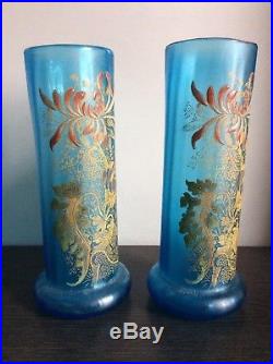 Paire de vases verre soufflé coloré bleu émaillé à décor floral Legras Montjoye