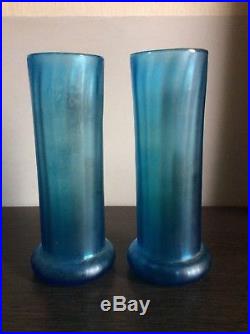 Paire de vases verre soufflé coloré bleu émaillé à décor floral Legras Montjoye