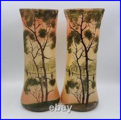 Paire de vases verre soufflé émaillé décor lacustre d'Automne Legras début XXème