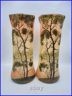 Paire de vases verre soufflé émaillé décor lacustre d'Automne Legras début XXème