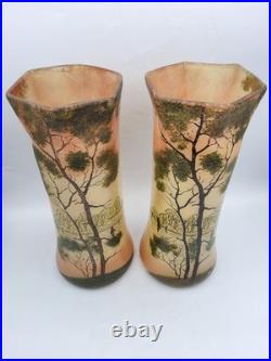 Paire de vases verre soufflé émaillé décor lacustre d'Automne Legras début XXème