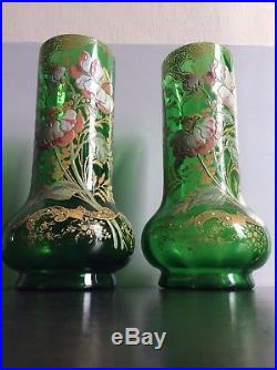 Paire de vases verre soufflé émaillé relief décor de pivoines Legras Montjoye