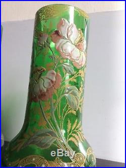 Paire de vases verre soufflé émaillé relief décor de pivoines Legras Montjoye