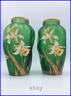 Paire de vases verre verre givré émaillé jonquilles Legras Montjoye Art Nouveau