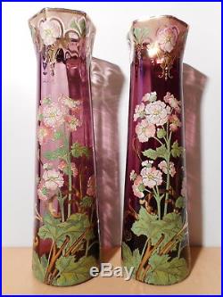 Paire grand vase verre émaillé 43 cm ancien art nouveau 1900 Legras floral