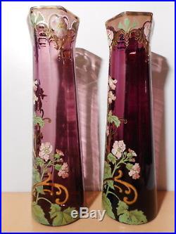 Paire grand vase verre émaillé 43 cm ancien art nouveau 1900 Legras floral