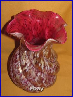 Paire grands vases anciens verre Clichy torsadés pailleté or couleur rouge