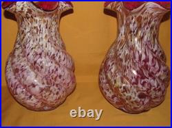 Paire grands vases anciens verre Clichy torsadés pailleté or couleur rouge
