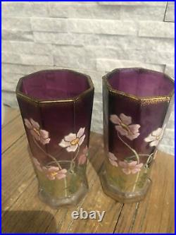 Paire vase ancien émaillé Art Nouveau Legras Fleurs Or