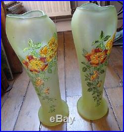 Paire vases OURALINE verre émaillé LEGRAS SAINT DENIS 1910's décor églantine