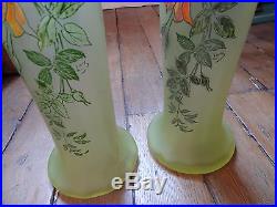 Paire vases OURALINE verre émaillé LEGRAS SAINT DENIS 1910's décor églantine