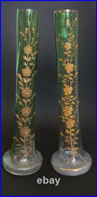 Paire vases verre vert émaillé or Karlsbad 32 cm Art Nouveau