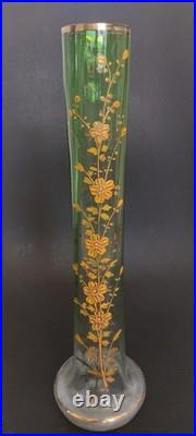 Paire vases verre vert émaillé or Karlsbad 32 cm Art Nouveau