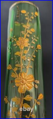 Paire vases verre vert émaillé or Karlsbad 32 cm Art Nouveau