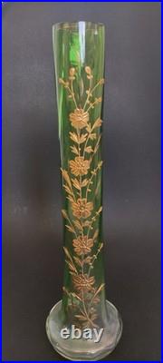 Paire vases verre vert émaillé or Karlsbad 32 cm Art Nouveau