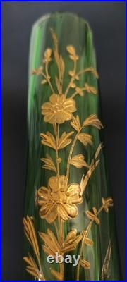 Paire vases verre vert émaillé or Karlsbad 32 cm Art Nouveau