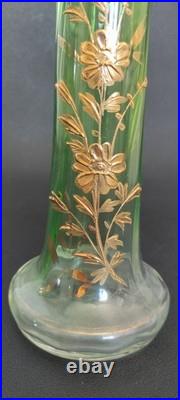 Paire vases verre vert émaillé or Karlsbad 32 cm Art Nouveau