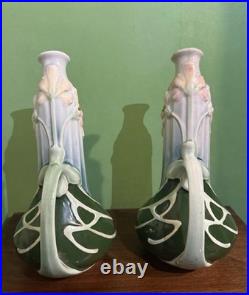 Paires De Vase Céramique Art Nouveau Décor De Fleurs