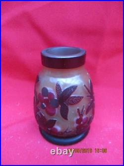 Petit Vase à décor de végétaux dégagés à l'acide (cerises et feuilles)