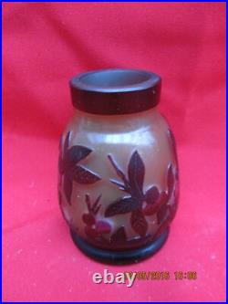 Petit Vase à décor de végétaux dégagés à l'acide (cerises et feuilles)