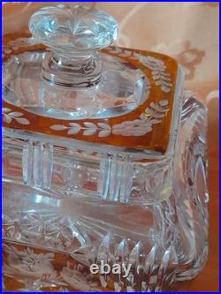 Pot couvert overlay orange cristal taillé vers 1920 boite bonbonnière