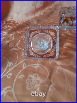 Pot couvert overlay orange cristal taillé vers 1920 boite bonbonnière