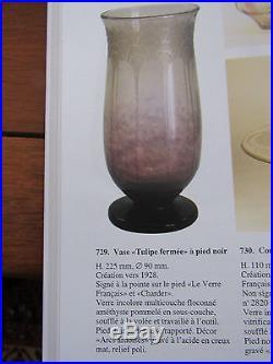 Rare Vase Tulipe Fermee A Pied Noir, Signe Charder Le Verre Francais 1928