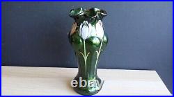 RARE Vase Art Nouveau verre aventurine verte fleurs émaillées MONTJOYE LEGRAS