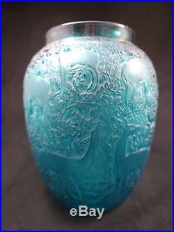 RARE vase Lalique en verre pressé moulé vert émeraude à décor de biches