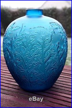 Rene Lalique Ancien Vase Acanthes En Verre Moule Bleu Presse Epoque Art Deco