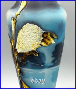 Rare Vase Art Nouveau Fluogravure Abeille Et Fleurs De Coton Muller Freres 1900