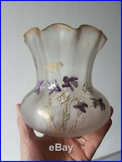 Rare Vase Cornet pantin Mont-joye Dégagé Acide Émaillé Fleurs Old vase enamels