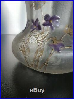 Rare Vase Cornet pantin Mont-joye Dégagé Acide Émaillé Fleurs Old vase enamels