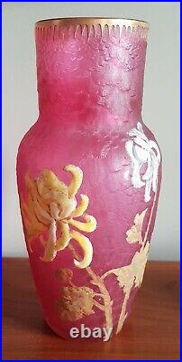 Rare Vase givré rouge atelier LEGRAS MONTJOYE aux Chrysanthèmes vers 1900